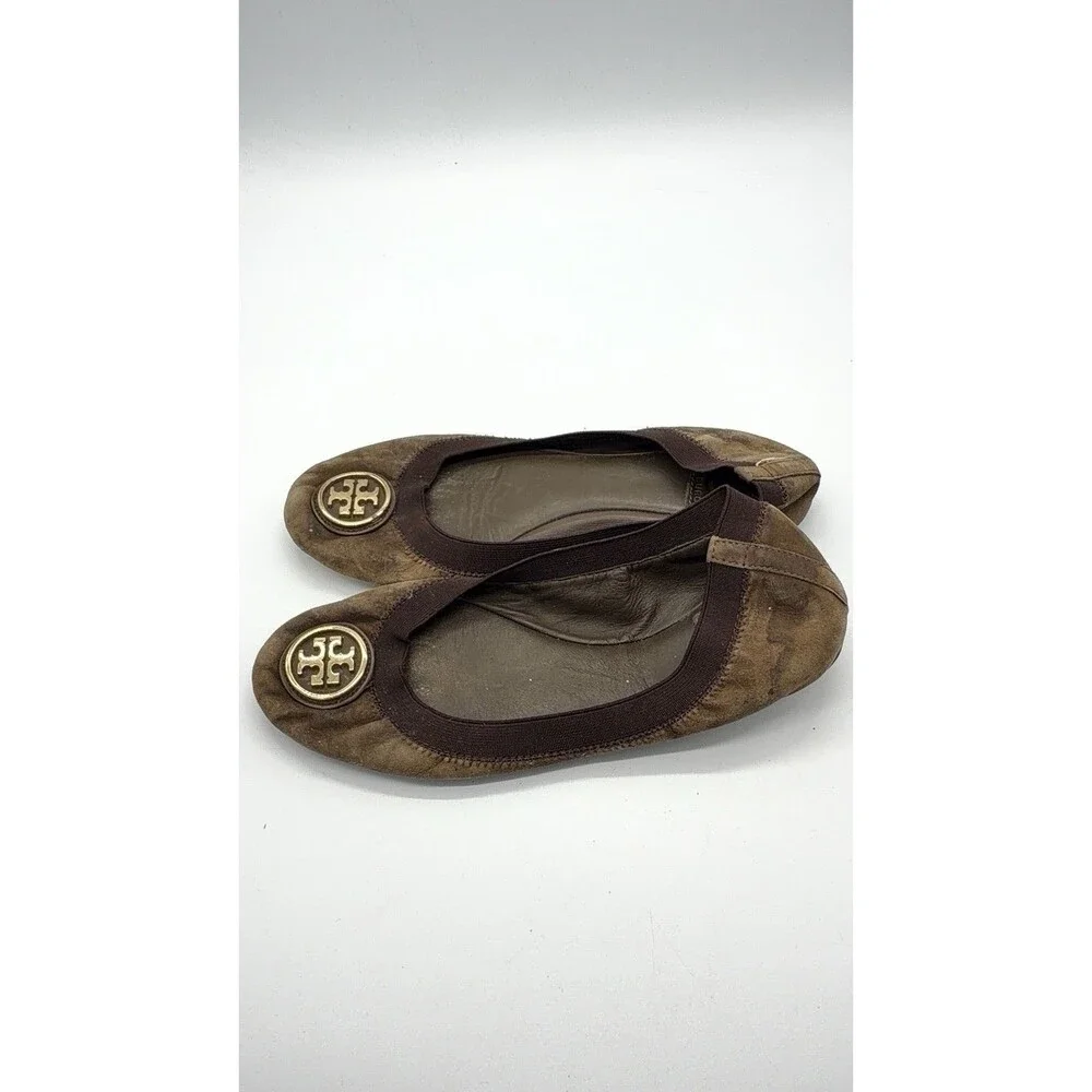 TORY BURCH Elastic Logo Caroline Suede Ballerina Ballet Flats Brown 7M